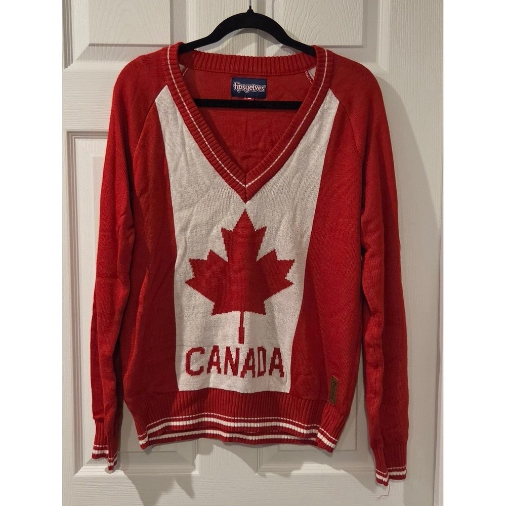 Tipsy Elves Canada Flag Sweater L Red White Maple Leaf Olympic Hockey World Cup